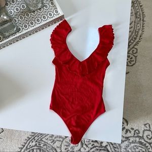 Aritzia Wilfred Red Ruffle Thong Bodysuit